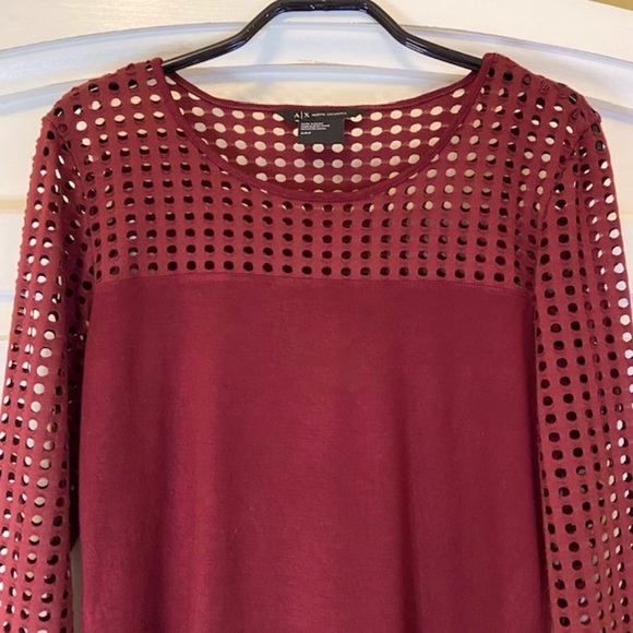 Armani Exchange Cut Out Long-Sleeve Top in Burgundy - Picture 2 of 5